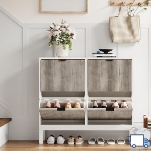 Jojoka Slim 4-Door Shoe Cabinet with Flip Drawers – Adjustable Shelves, Narrow Entryway Shoe Organizer with Farmhouse Fluted Design - 1 of 4
