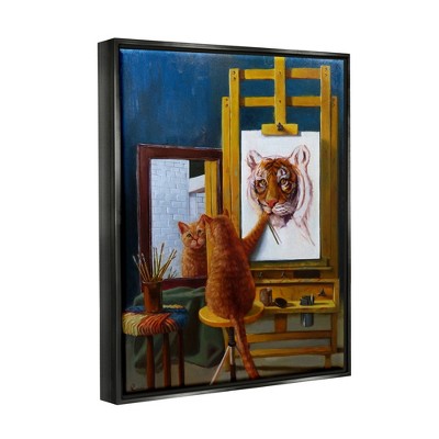Cat Painting a Tiger on Canvas with Black Frame