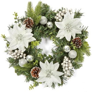 TackView 16" Christmas Wreath for Front Door, Xmas Door Wreath with Balls, Artificial Flowers, for Fireplace Wall Window Holiday Decoration - 1 of 4