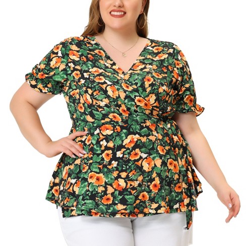 Unique Bargains Women's Plus Size Summer Ruffle Short Sleeve Tops Chiffon  Floral Blouse 3X Black 