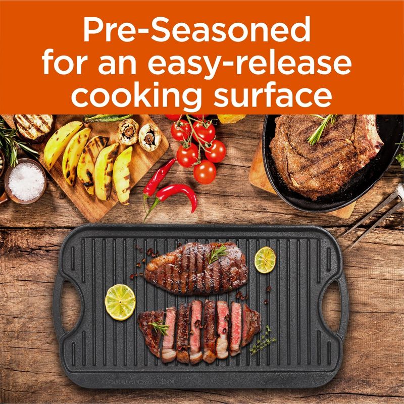 COMMERCIAL CHEF Pre-Seasoned Cast Iron Reversible Grill Griddle  20" x 10", Black, 3 of 8