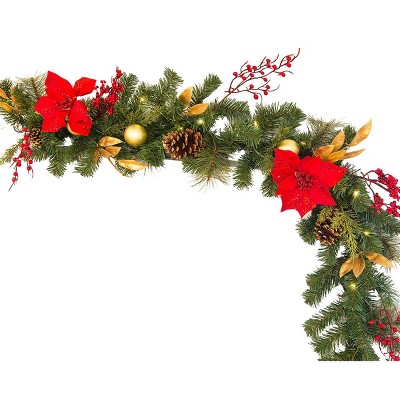 Barton 6' Christmas Garland Red & Gold W/pinecones Pre-lit White Led ...