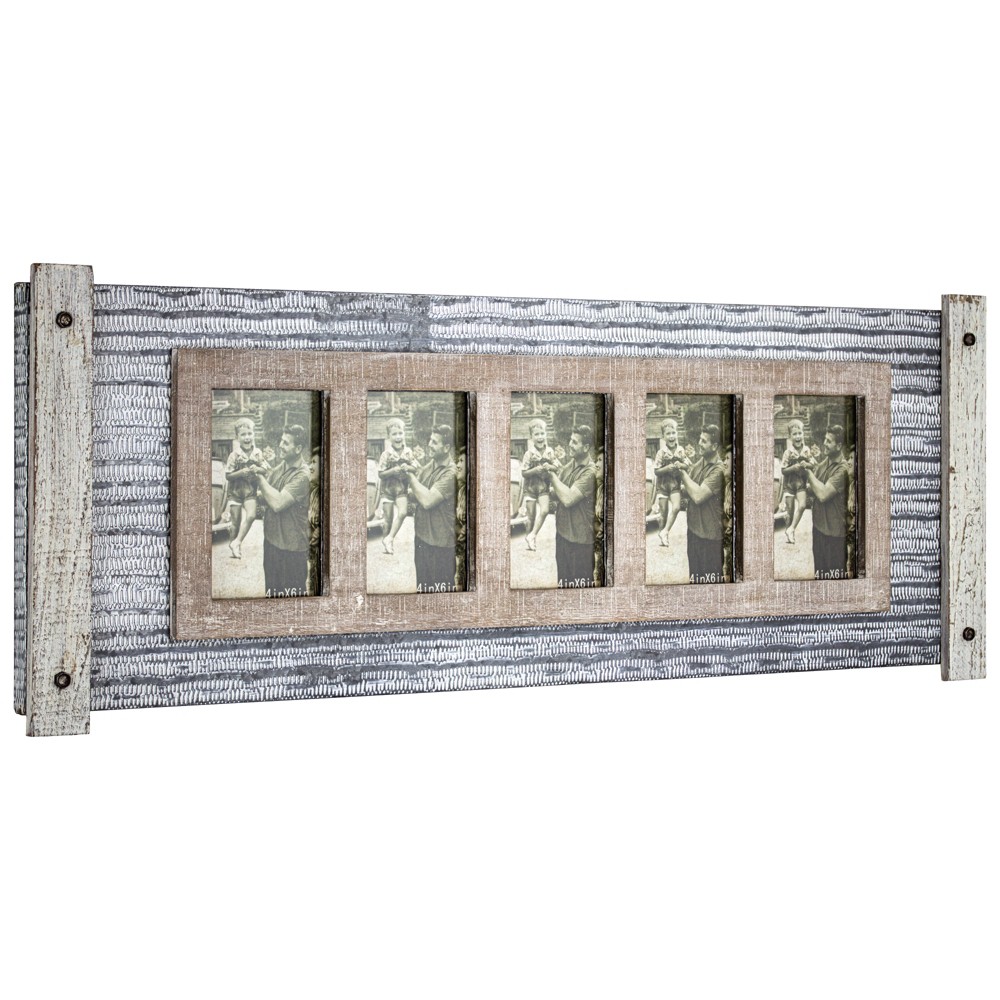 Photos - Photo Frame / Album 32" x 12" Rustic Wood and Metal Hanging 5 Picture Photo Frame Wall Accent