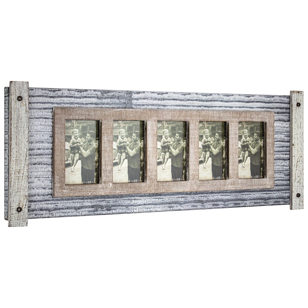 Photos - Photo Frame / Album 32" x 12" Rustic Wood and Metal Hanging 5 Picture Photo Frame Wall Accent - American Art Decor: Collage Display, Keyhole Mou