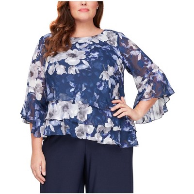 Alex Evenings Womens Tiered Hem Floral Ruffled Blouse