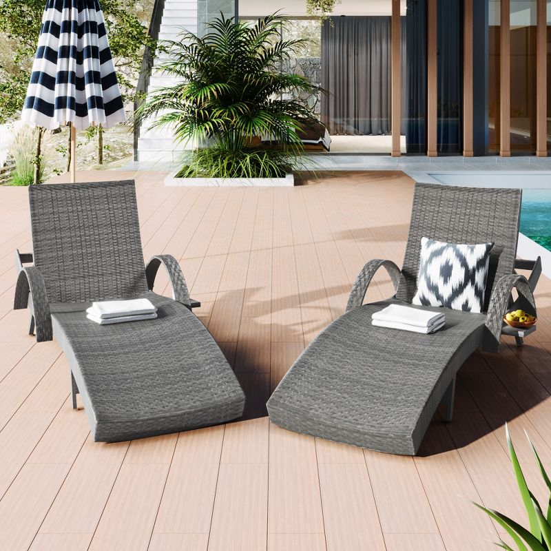 80.3'' Outdoor Wicker Chaise Lounge Set of 2, Patio Reclining Chair with Pull-out Side Table and Adjustable Backrest 4A - ModernLuxe, 2 of 13