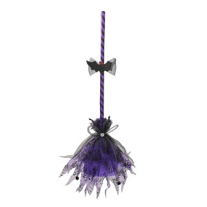 Northlight 29" Striped Animated Witches Halloween Broom with Bat Accents - Purple/Black - 1 of 4