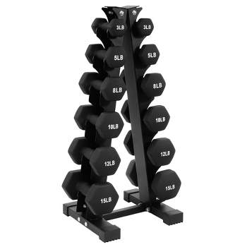 BalanceFrom Fitness 106 Pound Neoprene Coated Steel Dumbbell Exercise Workout Set with Stand, 6 Pairs of 3, 5, 8, 10, 12, and 15 Pound Weights, Black