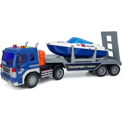 Semi Truck with Boat Trailer 2 in 1 Playset Light Up Sound Toy for Kids 3-7 Blue