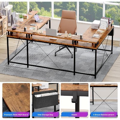 U Shaped Home Office Desk, Reversible L Shaped Gaming Computer Desk With Power Outlets,126 Inch Computer Desk With Monitor Stand （Rustic Brown）