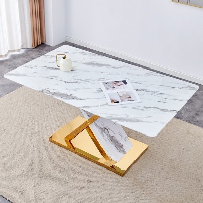 63" Modern Marble Pattern Dining Table,Rectangular Glass Kitchen Table,Dining Table With X Shaped Legs And Stainless Steel Base-Coolbibila
