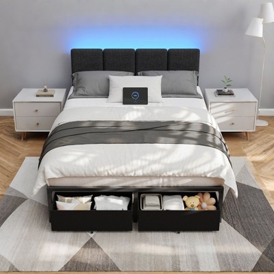 Furnulem Full and Queen Upholstered LED Bed Frame with 2 Drawers, Metal Bed Frame with Storage Headboard Charging Station and LED Lights, Noise-Free