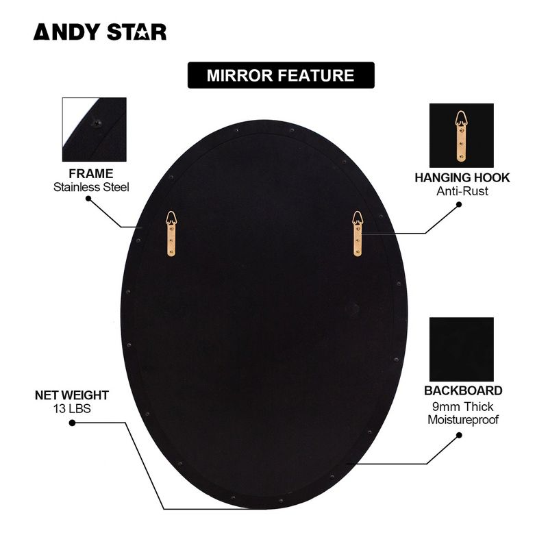 ANDY STAR Modern Decorative 22 x 30 Inch Oval Wall Mounted Hanging Bathroom Vanity Mirror with Stainless Steel Metal Frame, Matte Black, 5 of 9