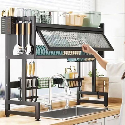 Racxily 83cm Countertop Dish Storage Drain Rack with Cabinet Door, Kitchen Sink Dish Rack, Kitchen Drainer Tableware Organizer Set