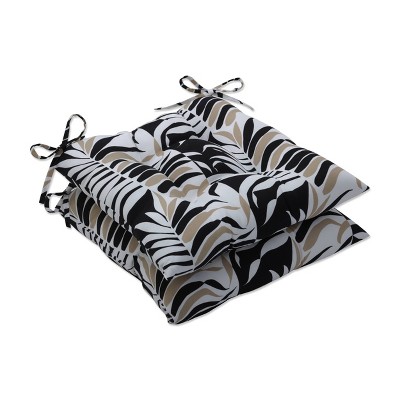 2pk Outdoor/Indoor Wrought Iron Seat Cushion Set Palm Stripe Black/Tan - Pillow Perfect