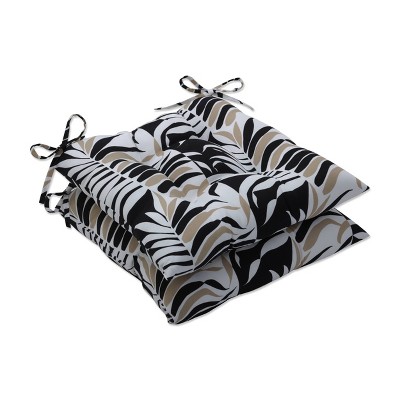 2pk Outdoor/Indoor Wrought Iron Seat Cushion Set Palm Stripe Black/Tan - Pillow Perfect