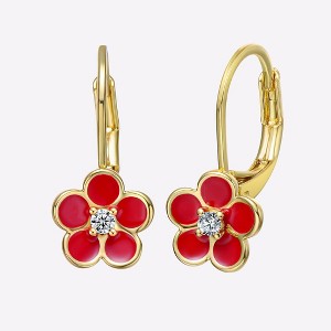Charming Kids' 14K Yellow Gold Plated Dangle Earrings Featuring Bright Red Enamel and Sparkling Cubic Zirconia Flowers for a Fun and Playful Touch - 1 of 4