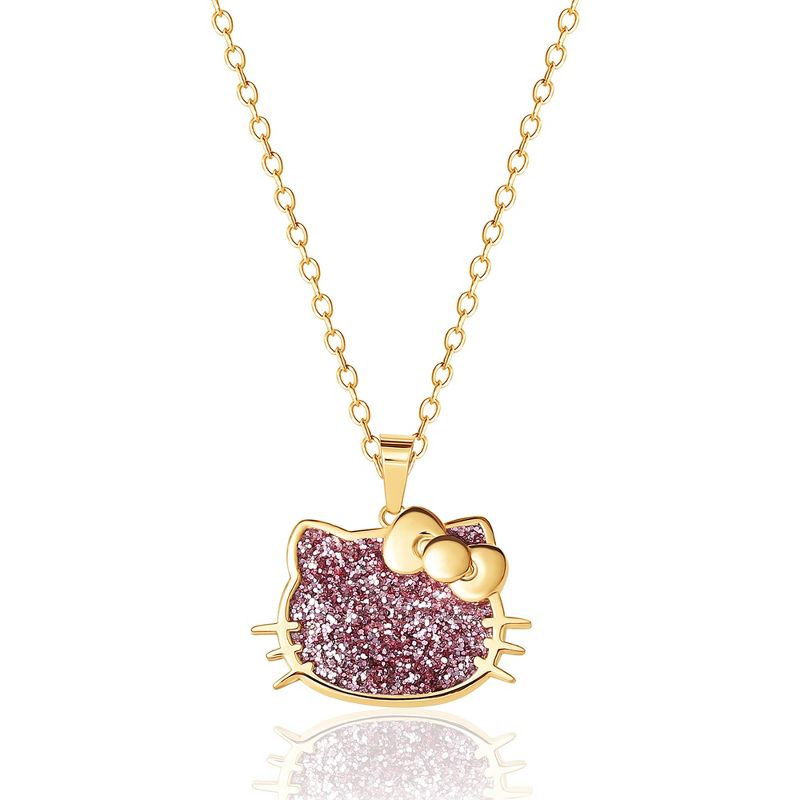 Sanrio Hello Kitty Silver Yellow Gold Plated Pink Glitter Pendant - 18'' Chain, Officially Licensed Authentic, 1 of 5