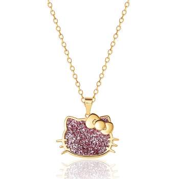 Sanrio Hello Kitty Silver Yellow Gold Plated Pink Glitter Pendant - 18'' Chain, Officially Licensed Authentic
