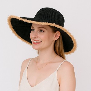 Anna-Kaci Wide Brim Straw Floppy Hat with Frayed Edges Lightweight Sun Protection for Beach Vacation Outdoor Travel Style - 1 of 4