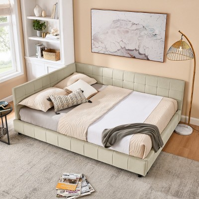 Queen Size Upholstered Daybed Sofa Bed Frame Velvet Tufted Mid-Century Style with Backrest and Armrest for Bedroom or Living Room-LAOTIES
