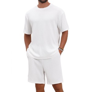 INSPIRE CHIC Men's Casual Texture Crew Neck Solid Shirt Top and Shorts 2 Piece Outfits - 1 of 4