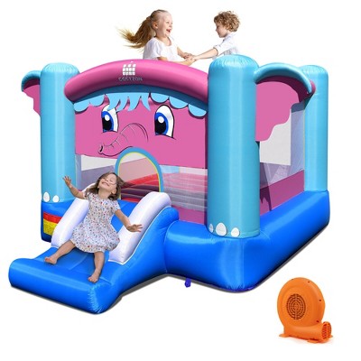 Tangkula Inflatable Bounce House 3-in-1 Elephant Theme Inflatable Castle w/ Jumping Area Slide & Basketball Rim Indoor Outdoor Kids Bouncer w/ 680W