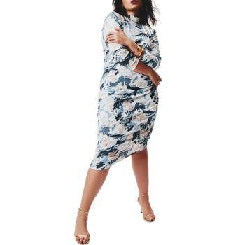 ELOQUII Women's Plus Size Printed Velvet Mock Neck Dress