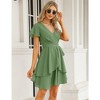 Womens Skater Dresses Sexy V Neck Short Sleeve Tie Waist Solid Ruffle Boho Flowy Swing Mini Dress - 4 of 4
