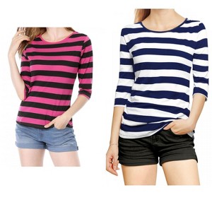 Allegra K Women's Elbow Sleeves Round Neck Slim Fit T-Shirt 2 Packs - 1 of 4