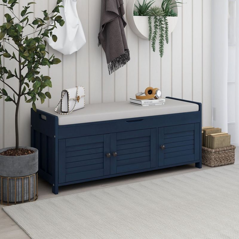 Storage Bench with 3 Shutter-shaped Doors, Removable Cushion and Hidden Storage Space-ModernLuxe, 1 of 10