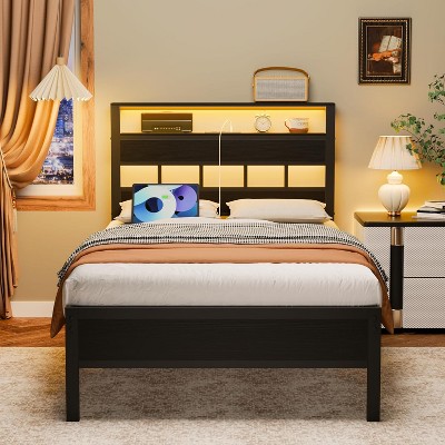 Furnulem Twin Bed Frames with Charging Station LED Light Platform Bed with Metal Slats Wood Headboard with 2Tier Storage Shelves No Box Spring Needed