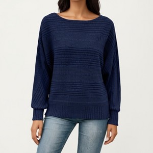 Anna-Kaci Women's Long Sleeve Striped Knit Sweater with Boat Neckline and Relaxed Fit - 1 of 4