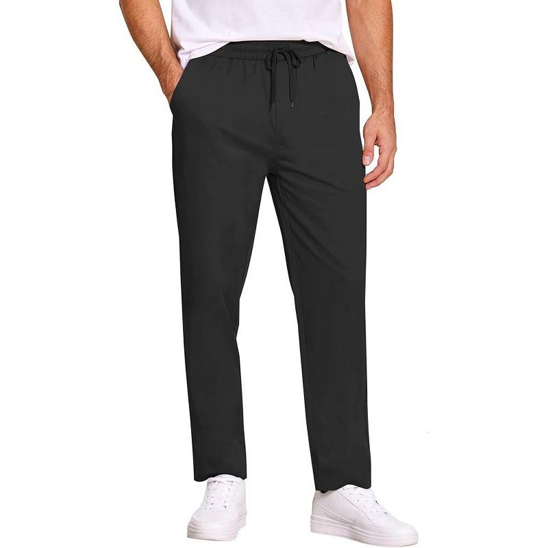 COOFANDY Men's Casual Cotton Pants Regular Fit Elastic Waist Drawstring Twill Pants Straight Leg Chino Pants Black S