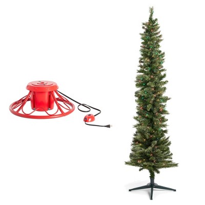 Home Heritage 1-1.75" Christmas Tree Base Rotating Metal Stand with Stanley 7' Skinny Pencil 350 Pre-Lit Multicolored Lights Artificial Christmas Tree