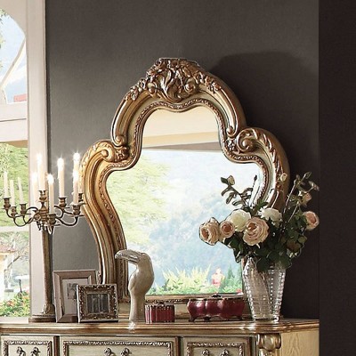Elegant Gold Patina & Bone Leather Trim Dresser Mirror