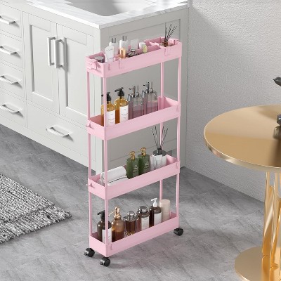 Acoinel Slim Rolling Storage Cart 4 Tier Bathroom Organizer Cart Mobile Shelving Unit Slide Out Utility Cart for Kitchen