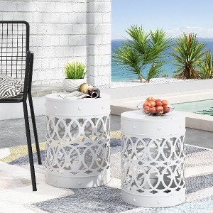 Iron Cut Design Outdoor End Tables, Modern Cylindrical Patio End Table, Outdoor Side Table with Overlapping Circle Pattern -Christopher Knight Home - 1 of 4