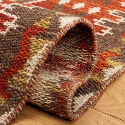 Red and Olive 6' x 6' Square Handwoven Wool Kilim Area Rug