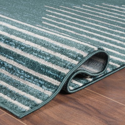Teal and White Stripe Synthetic 5' x 7' Area Rug