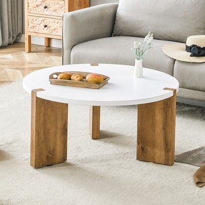DOMETOUR 33.4-inch MDF minimalist round coffee table with unique embedded design and stable three-leg support