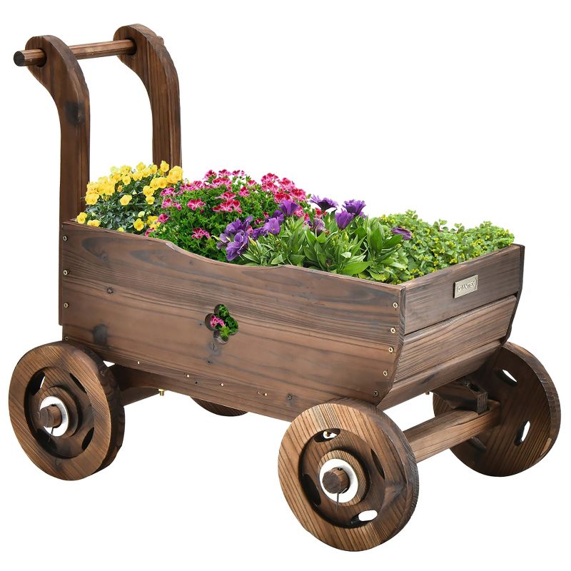 Decorative Wagon Cart Plant Flower Pot Stand Wooden Raised Garden Planter Box, 1 of 11