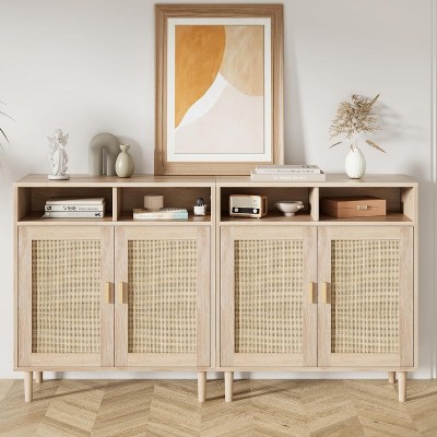 Sideboard Buffet Storage Cabinet, Rattan Kitchen Cabinet with 2 Doors/Shelf