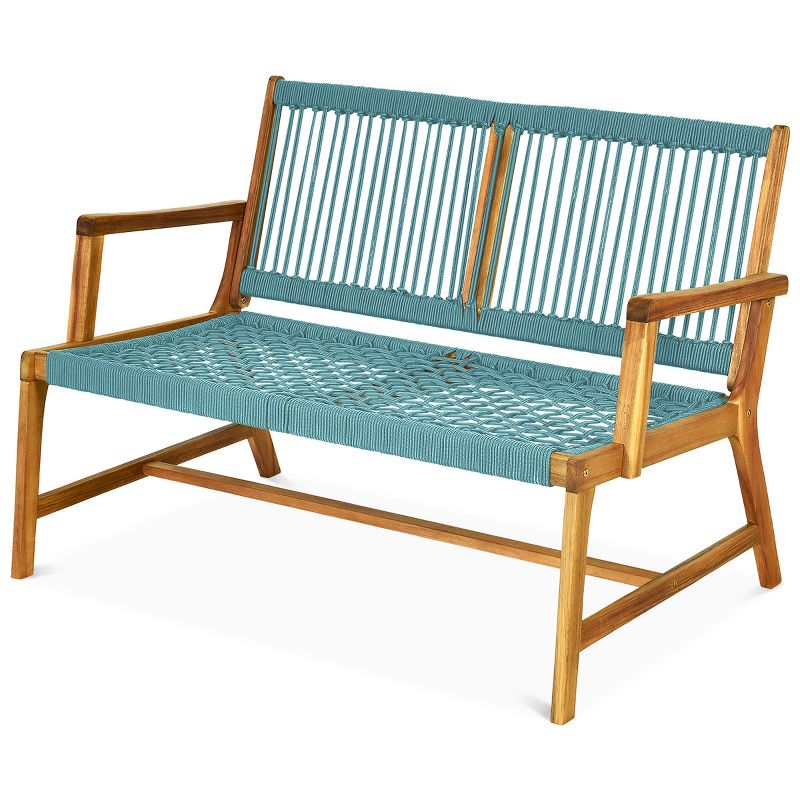 Tangkula 2-Person Outdoor Acacia Wood Bench Patio Loveseat Rope Bench Turquoise/Black, 1 of 7