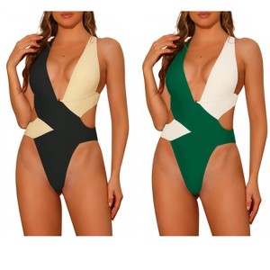 INSPIRE CHIC Women's Color Block Deep V Neck Criss Cross Back Swimwear Bathing Suit Monokini 2 Sets - 1 of 4