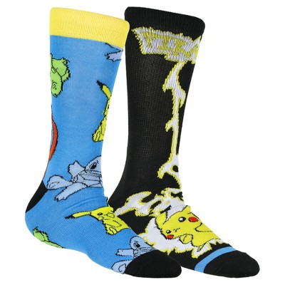 Pokemon Crew Socks Men's Pikachu Electric Shock and Kanto Starter Set 2 Pairs Socks for Shoe Size 8-12 Multicolored