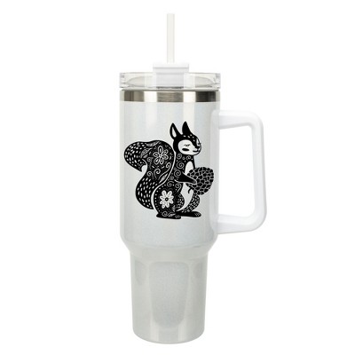 Elanze Designs 40 Ounce Travel Tumbler With Straw and Lid Stainless Steel Double Wall Insulated Charming Floral Squirrel White Glitter