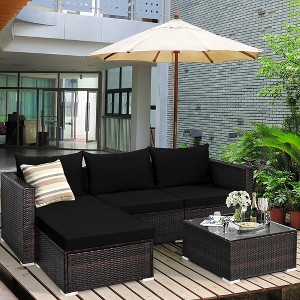 Costway 5PCS Patio Rattan Furniture Set Cushioned Sofa Ottoman with Black & Turquoise Cover - 1 of 4
