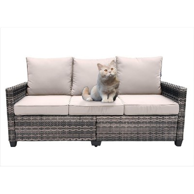 Nertpow 3 Piece Patio Furniture Set - PE Wicker Long Sofa with Barrel-Shaped Design - Durable, Comfortable and Stylish Outdoor Seating Solution,Beige