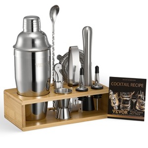 VEVOR Cocktail Shaker Set,10-Piece Stainless Steel Bar Tools with Bamboo Stand, Martini Bartender Kit Accessories | Mixer Spoon,Muddler, Silver&Brown - 1 of 4